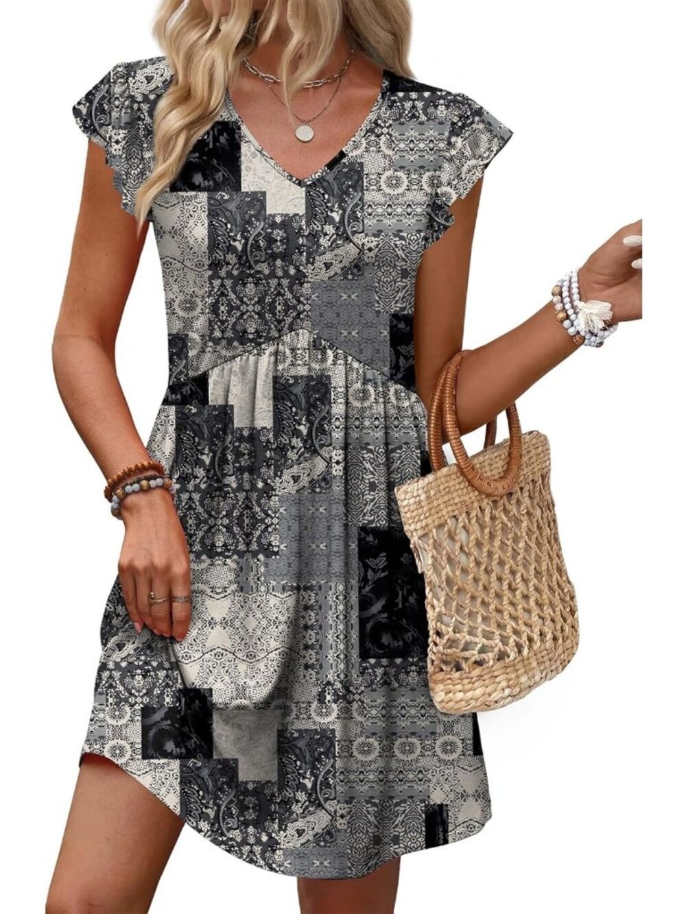 Women Boho Black White Ruffle Sleeve Baby Doll V Neck Imported Causal Dress